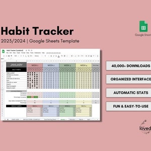 2023 & 2024 Habit Tracker Spreadsheet | 12-month Google Sheets | Habit Tracker Template | Monthly, Yearly, Weekly, Daily Habit Tracker