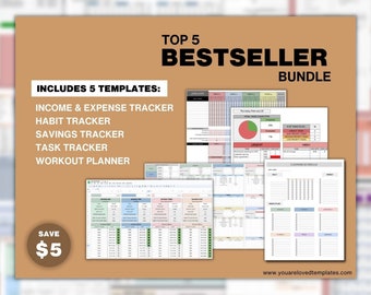 Bestselling Templates Bundle | Top 5 | Google Sheets Template | Productivity Planner | Habit Tracker | Mood Tracker | Workout Planner