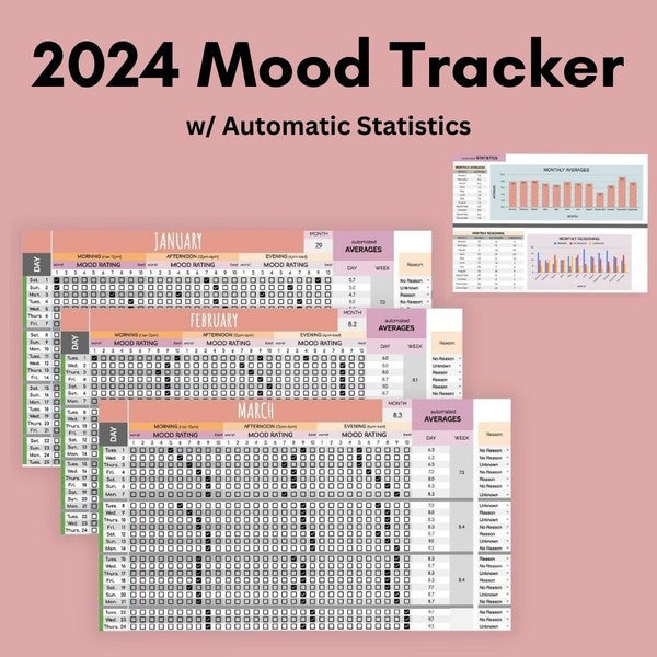 2024 Mood Tracker Spreadsheet | GOOGLE SHEETS | Mood Tracker Template | 12-Month Template | Automatic Monthly/Yearly Mood Statistics