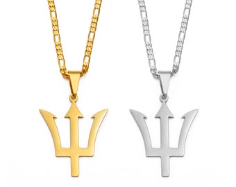 18k Gold Plated Barbados Trident Pendant With Figaro Chain (Large) - Silver Option Available