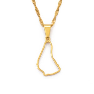 May include: Gold necklace with a pendant shaped like the outline of Barbados.