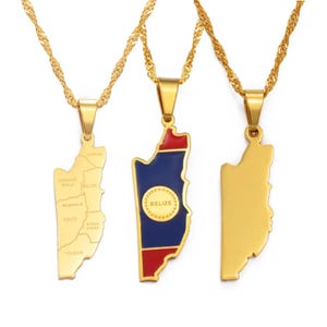 May include: Three gold-colored necklaces with pendants shaped like the country of Belize. One pendant features the country's flag colors, while another displays the country's regions. The chains have a twisted rope design.