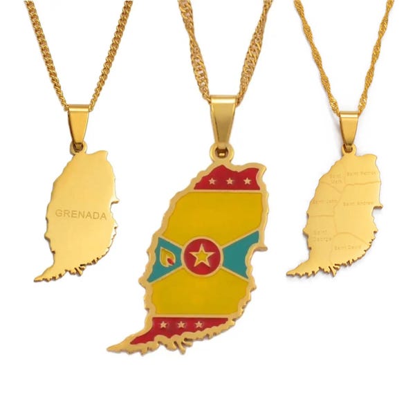 18k Gold Plated Grenada Flag And Map Pendant Necklace - Silver Option Available