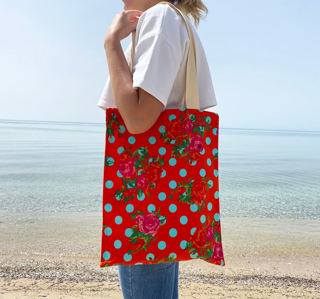 Red Floral Tote Bag Shopping Bag Woman Tote Bag Summer Bag Evening Bag
