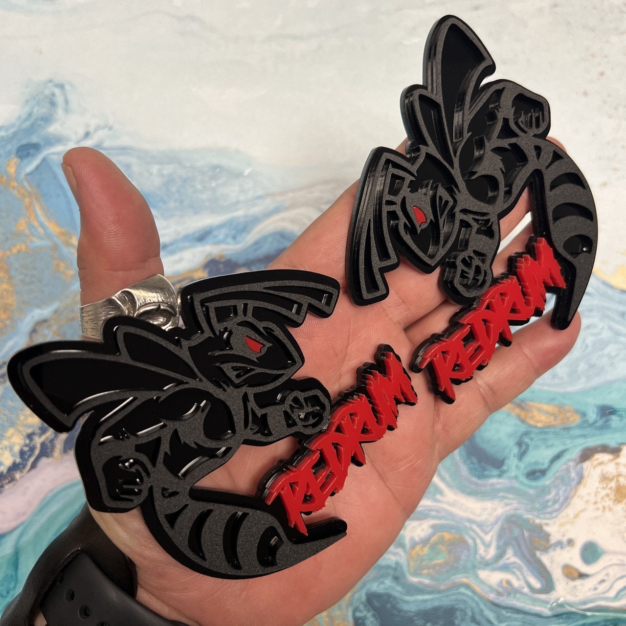 Pair Of Aggressive Red Eye Hornet Emblems / Fender Badges – Black With Red Eye