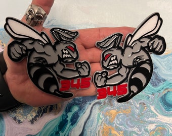 Fender Badges | Hornet BEE SWOLE Gray Emblem with Red Eye and Numbers |2 BADGES| Angry Aggressive Car Badge