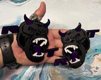 Fender Badges Gorilla Emblem  Alpha Horns with Purple Eye Letters| 2 BADGES | Angry Aggressive Car Badge