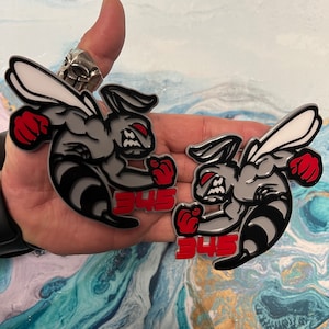 Fender Badges | Hornet BEE SWOLE Gray Emblem Red Knuckles w/ Red Eye and Numbers |2 BADGES| Angry Aggressive Car Badge