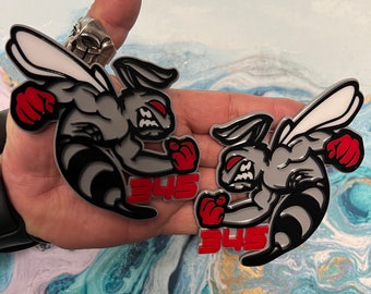 Fender Badges | Hornet BEE SWOLE Gray Emblem Red Knuckles w/ Red Eye and Numbers |2 BADGES| Angry Aggressive Car Badge