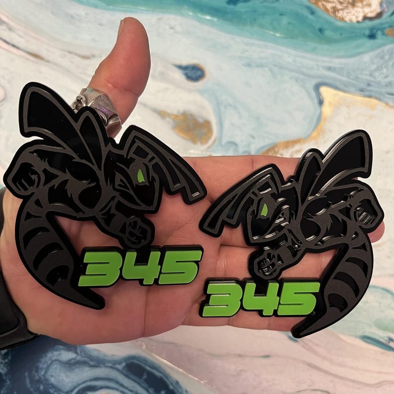 Fender Badges Emblem Bee Black Out Lime Green Numbers and Eye 2