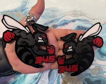 Fender Badges | Hornet BEE SWOLE Black Emblem Red Knuckles, Red Eye and Numbers |2 BADGES| Angry Aggressive Car Badge