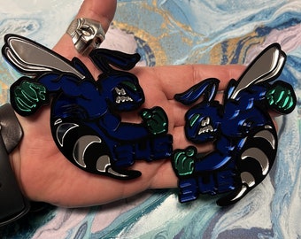 Fender Badges | Hornet BEE SWOLE Mirror Blue Emblem,  Mirror Green Eye and Knuckles, with Numbers |2 BADGES| Angry Aggressive Car Badge