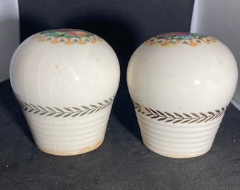 Vintage Pair of Ceramic Flower Transferware Salt and Pepper Shakers with Gold Accents