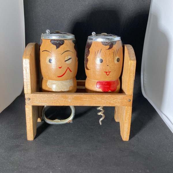 Vintage Pair of Male and Female Wooden Salt & Pepper Shaker, Corkscrew, Bottle Opener with Stand. Made in Japan