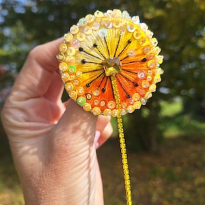 Handmade Embroidered Flower Brooch – Yellow & Orange Crystal Jewelry