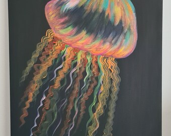 Original Acrylic Jellyfish Painting: Vibrant Ocean Home Decor (50x70 cm Canvas Artwork