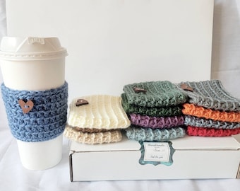 12 Crochet Cup Cozy -  Reusable Knit Coffee Cozy - Coffee Cup Sleeve - Gift Box with 12 units