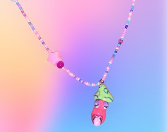 Mushroom Charm Necklace – Colorful Handmade Fairycore Jewelry – Funky Beaded Cottagecore Necklace – Whimsical Y2K Aesthetic Accessory