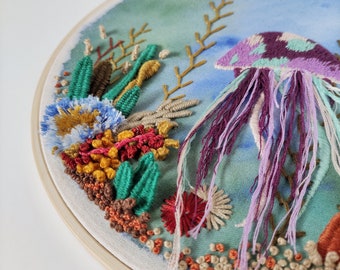 Embroidered frame Medusa and corals. Hand embroidery, wall hanging decor, embroidery hoop art, gift for mom, embroidery art.