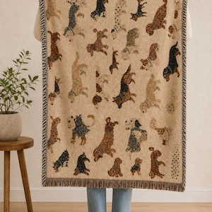 Dog Pattern Woven Blanket | Tapestry Throw, Puppy Silhouette Design