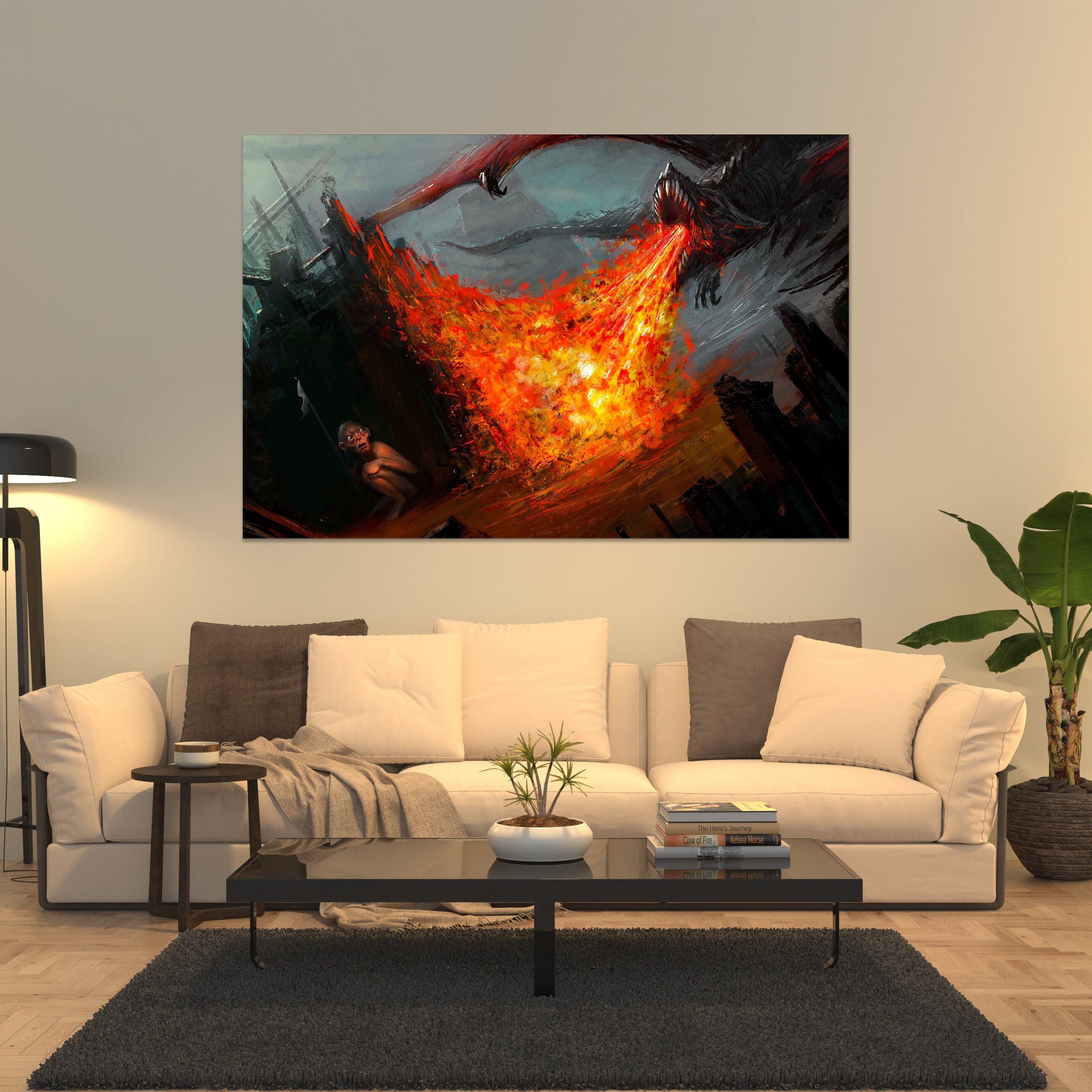 Fire Dragon wall art, Gollum wall art, Fantasy Dragon canvas, LotR wall