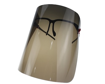 May include: A clear, brown tinted face shield with a black frame and red adjustable straps. The shield is designed to protect the wearer's face from splashes and airborne particles.