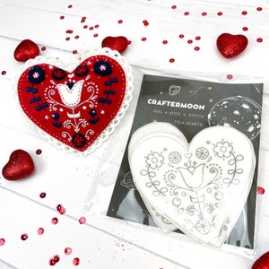 Valentines peel and stitch embroidery patterns, folk heart embroidery patches, stitch stickers embroidery supplies, peel and stick patches