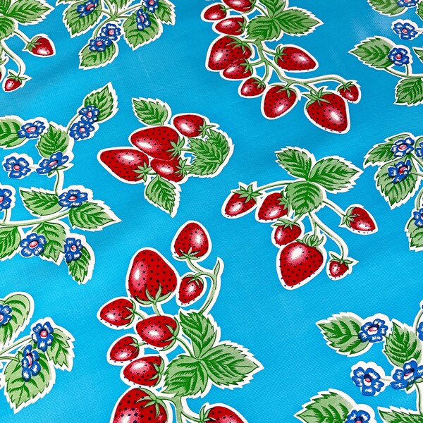 Strawberry Blue Oilcloth Fabric by the Yard