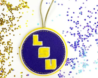 LSU Christmas Ornament, Embroidered Wool Felt, Louisiana State University Xmas Decor, Purple and Gold