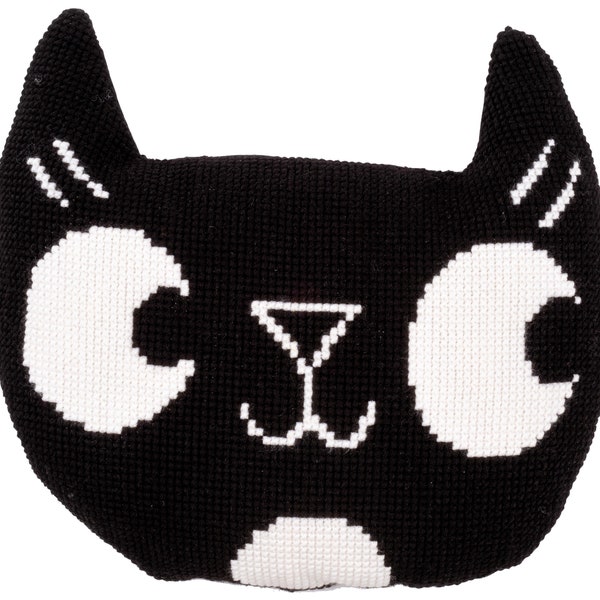 Black Cat Stamped Cross Stitch Kit by Vervaco, Black Cat Pillow Kit, Kids Pillow, DIY Pillow, Craft Kit