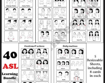 May include: A black and white ASL learning bundle with 40 flashcards. The cards cover family relations, polite words, ASL expressions, emotions, and daily routines. The bundle includes 5 resizable sheets, each with 8 cards.