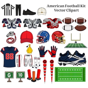 Pode incluir: Uma coleção de clipart vetoriais de equipamentos de futebol americano, incluindo capacetes, ombreiras, bolas de futebol, chuteiras e um campo. A imagem também apresenta um uniforme de árbitro, luvas e marcadores de jardas. O texto "American Football Kit Vector Clipart" é visível.