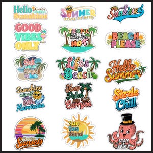 15 Summer Sticker Bundle | Beach SVG, PNGs, EPS, PDF | Digital Vacation Clipart, Printable Summer Quotes for Cricut, Sublimation, Crafts