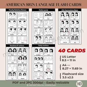 ASL-Lernkarten für Kinder, 40 druckbare Karten zum Erlernen der amerikanischen Gebärdensprache, PDF & JPG, A4 und US Letter