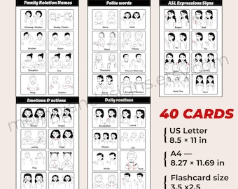 ASL Flashcards for Kids, 40 Printable  American Sign Language Learning, PDF & jpg, A4 and US Letter