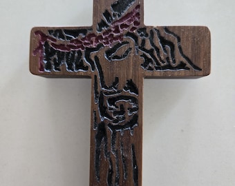 Small Rustic Wooden Cross with Jesus's Face Carved in