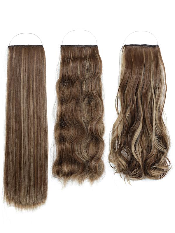 May include: Three hair extensions with a halo-style wire attachment. The first is straight, the second has loose waves, and the third features tighter curls. All three pieces display a multi-tonal brown and blonde highlighted colour palette.
