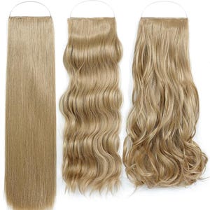May include: Three light blonde hair extensions with a halo-style wire attachment. The first piece is straight, the second has loose waves, and the third features tighter, more defined curls. Each piece is long and maintains a consistent colour.