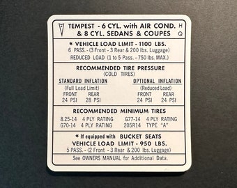 1968 Tire Pressure Water Slide Decal - V8 Pontiac GTO/Tempest/Lemans