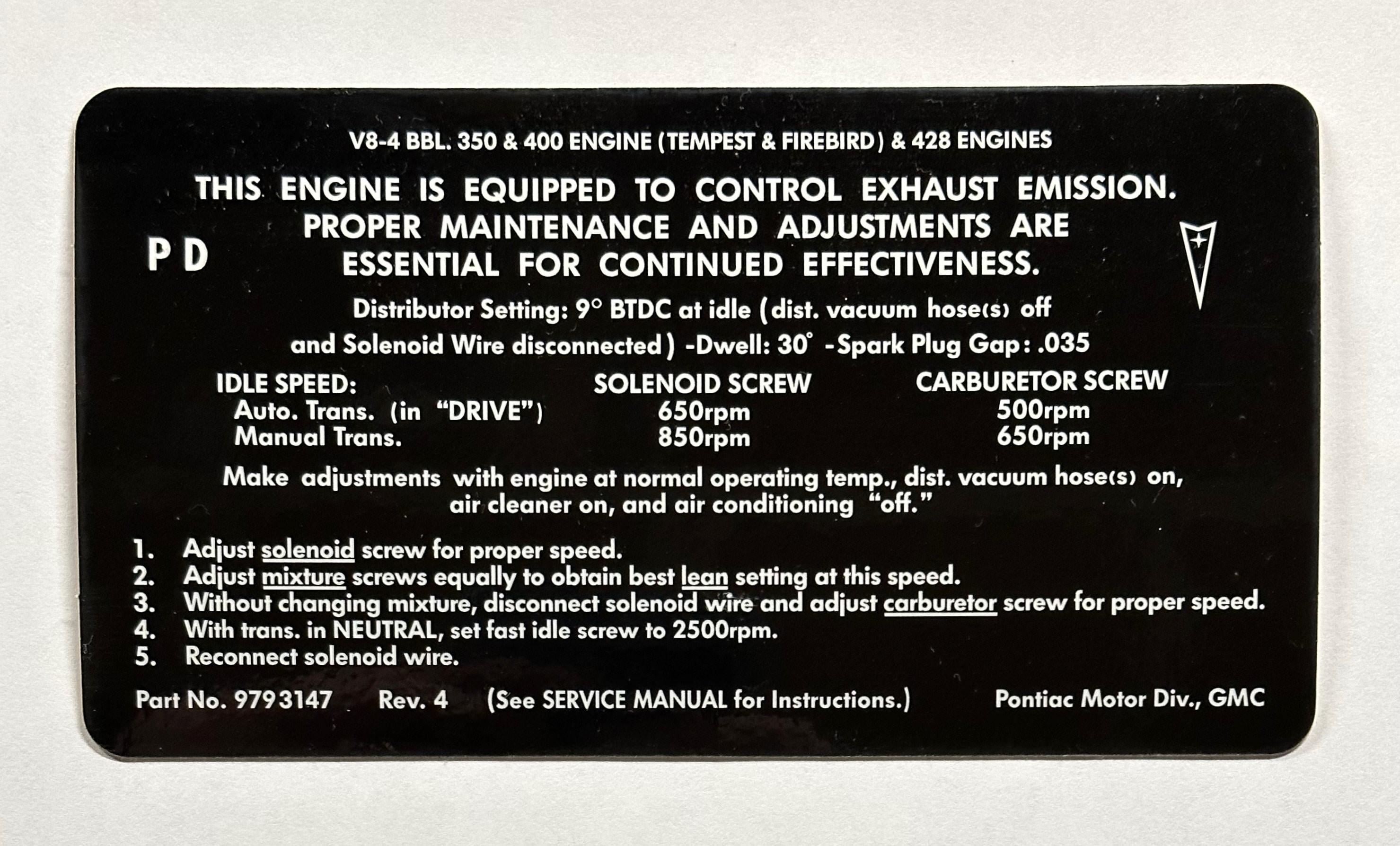 1968 Pontiac Gto/firebird Standard/ho 400 4BBL Emissions Decal - Etsy