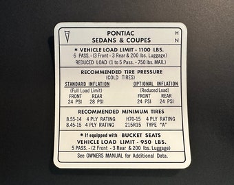 1968 Pontiac "Big Car" Sedan & Coupé Pression des pneus Décalque de glissière d'eau
