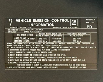 1970 "PD" 455 4bbl Emissions Decal for Pontiac GTO/Grand Prix/Catalina