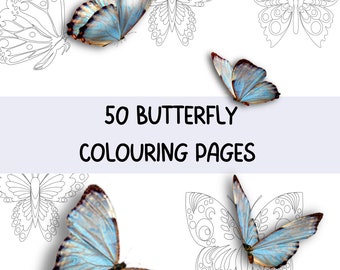 Butterfly Coloring Pages, 50 Printable Butterfly and Flower Coloring Sheets for Kid & Adults, Coloring Book/Party Activity, Instant Download