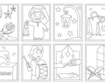 May include: Black and white line art illustrations depicting various scenes related to Ramadan. The images include a person praying with prayer beads, a child holding a lantern, a lit lantern, shopping bags, and other related imagery.