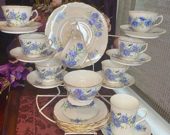 ROYAL VALE 23 Piece Tea Set.6 Cups,7 Saucers,6 Side Plates,Cake Platter,Sugar Bowl,Milk Jug/Creamer,Mug