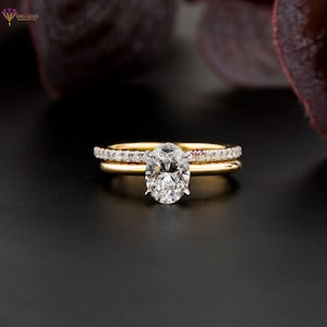 0.60 TDW Oval & Round Cut Diamond Ring | 18k Yellow Gold | Solitaire Ring With Pave Setting Band | Natural Diamond | Bms Gems