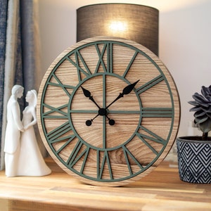 100% Solid Oak Wood Wall Clock | Round Green Skeleton Clock | Rustic Farmhouse | Barn Clock | Silent Mechanism