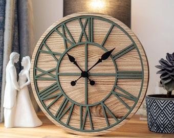 100% Solid Oak Wood Wall Clock | Round Green Skeleton Clock | Rustic Farmhouse | Barn Clock | Silent Mechanism