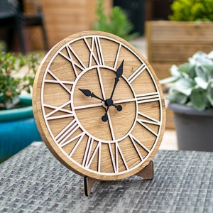 100% Solid Oak Wood Wall Clock | Round Skeleton Clock | Farmhouse Clock | Rustic wooden cottage clock | Silent mechanism