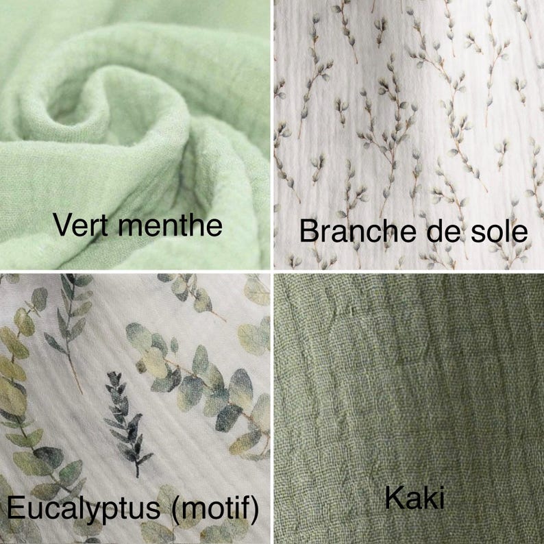 May include: Close-up of four fabric swatches. Top left is mint green, labeled "Vert menthe." Top right is white with a branch pattern, labeled "Branche de sole." Bottom left is white with eucalyptus leaves, labeled "Eucalyptus (motif)." Bottom right is khaki, labeled "Kaki."
